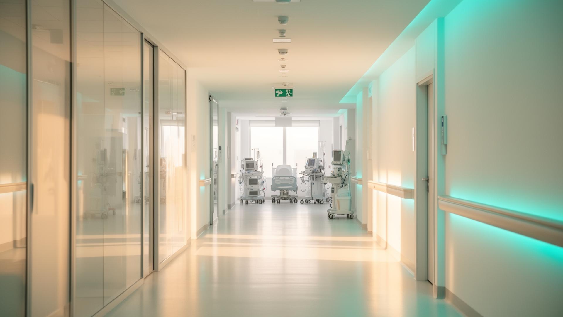 Bright modern hospital corridor with advanced healthcare facilities