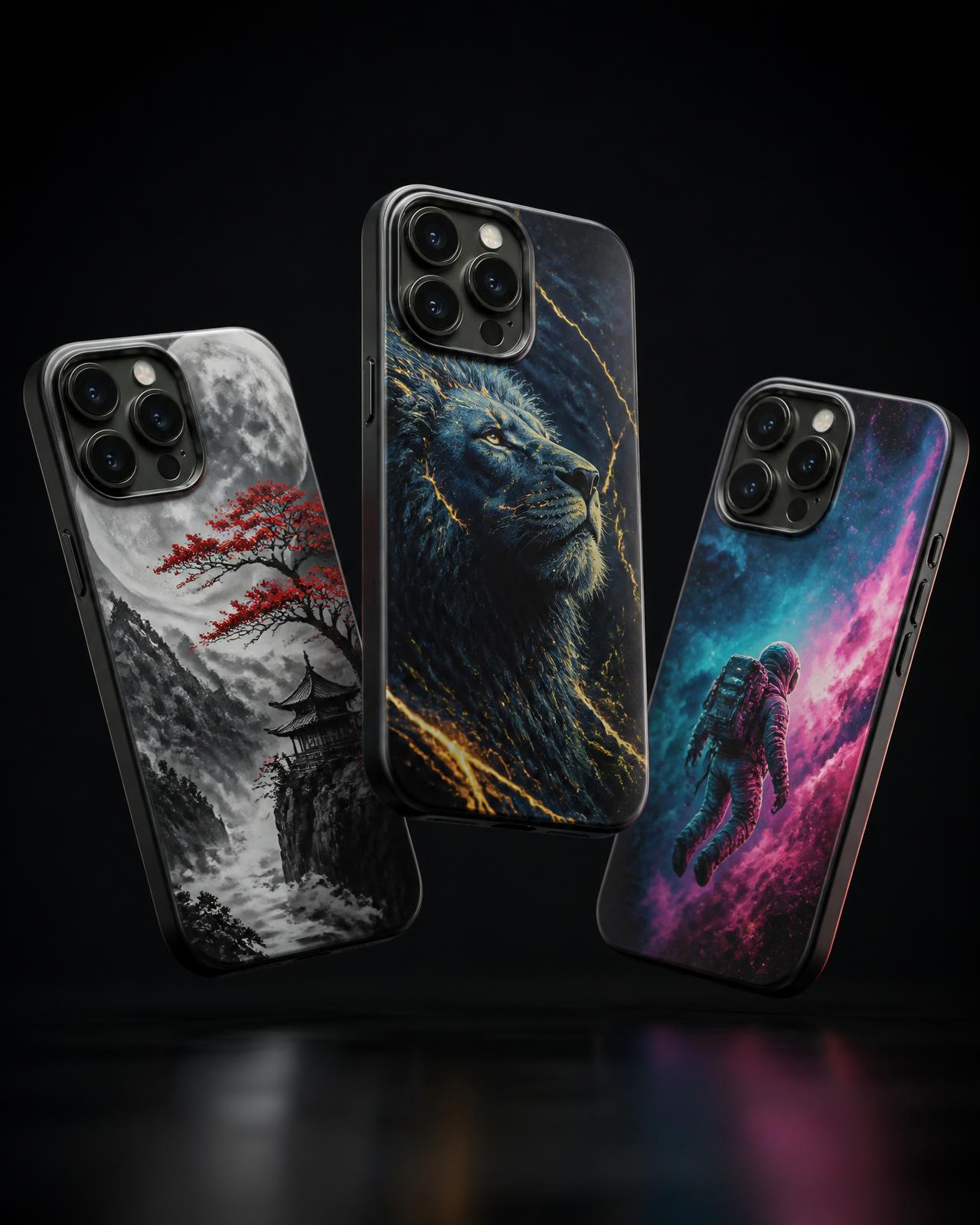 Set of designer phone cases arranged on a dark studio surface