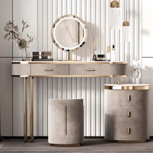 Luxuria Stone & Leather Vanity Ensemble - Elegant Dressing Table Set with LED Mirror & Leather Accents