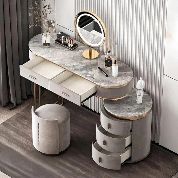 Luxuria Stone & Leather Vanity Ensemble - Elegant Dressing Table Set with LED Mirror & Leather Accents
