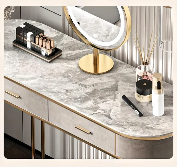 Luxuria Stone & Leather Vanity Ensemble - Elegant Dressing Table Set with LED Mirror & Leather Accents