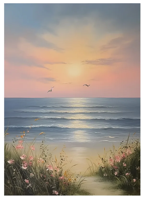 Hand-Painted Sunrise Over Ocean Waves Textured Oil Painting