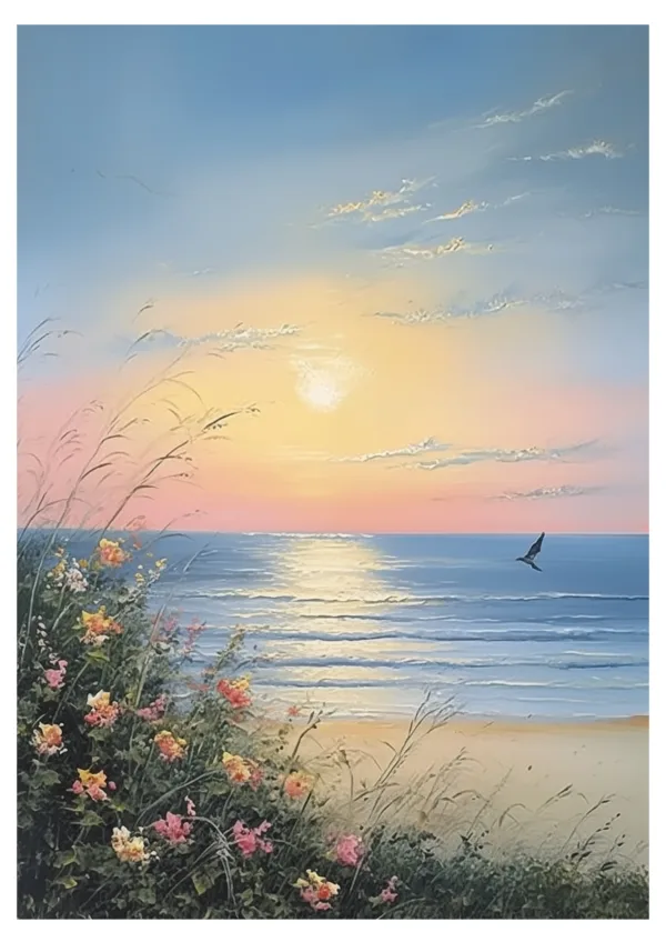 Hand-Painted Sunrise Over Ocean Waves Textured Oil Painting
