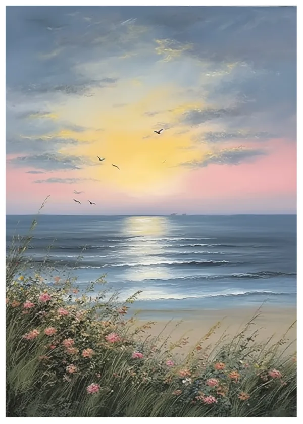 Hand-Painted Sunrise Over Ocean Waves Textured Oil Painting