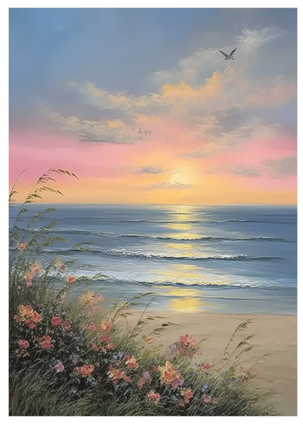 Hand-Painted Sunrise Over Ocean Waves Textured Oil Painting - Image 8