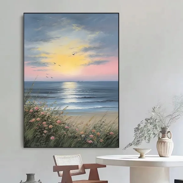 Hand-Painted Sunrise Over Ocean Waves Textured Oil Painting - Image 4