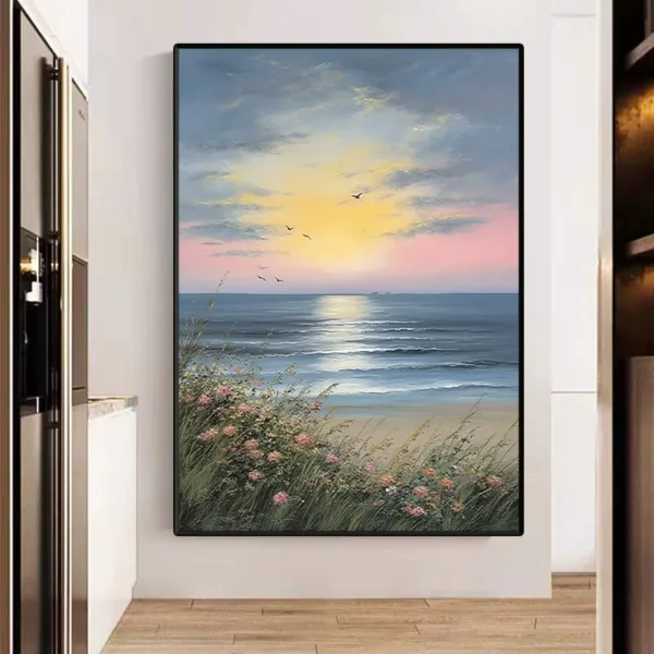 Hand-Painted Sunrise Over Ocean Waves Textured Oil Painting - Image 2