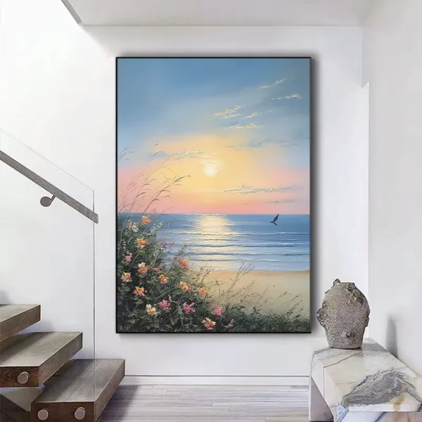 Hand-Painted Sunrise Over Ocean Waves Textured Oil Painting - Image 5