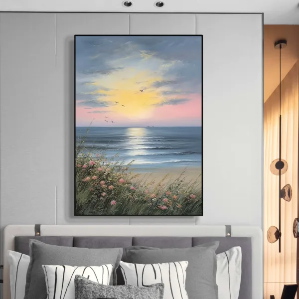 Hand-Painted Sunrise Over Ocean Waves Textured Oil Painting - Image 3