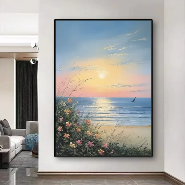 Hand-Painted Sunrise Over Ocean Waves Textured Oil Painting